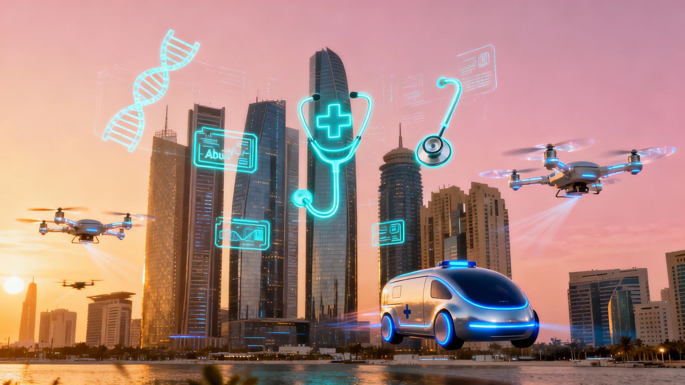 Abu Dhabi skyline with futuristic healthcare technology.