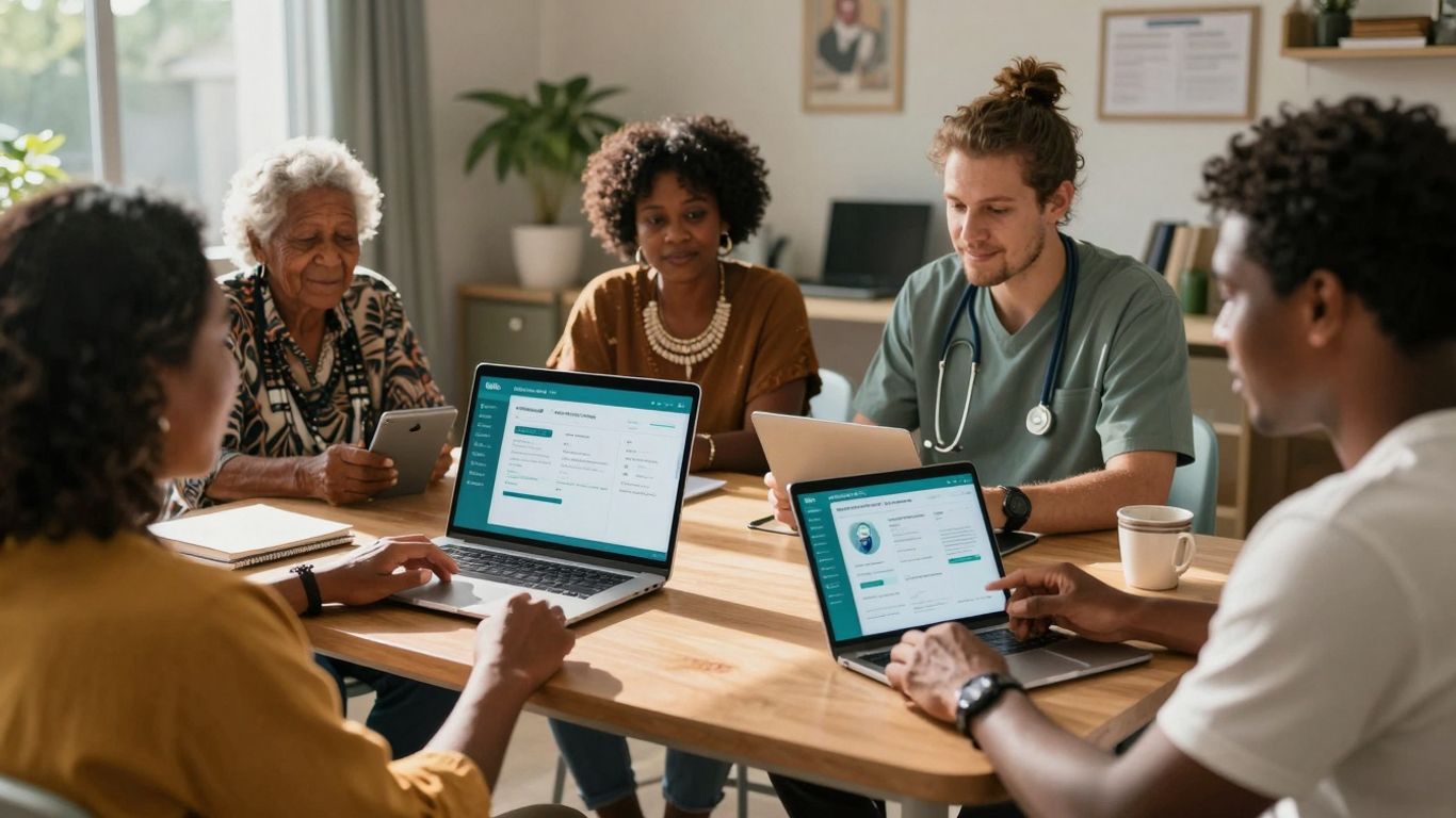 Aboriginal people using digital health tools in a clinic.