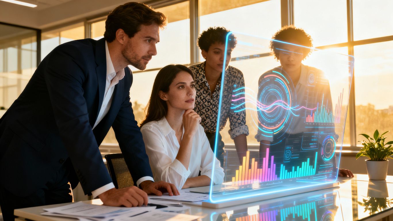 Professionals collaborating around a digital health interface.