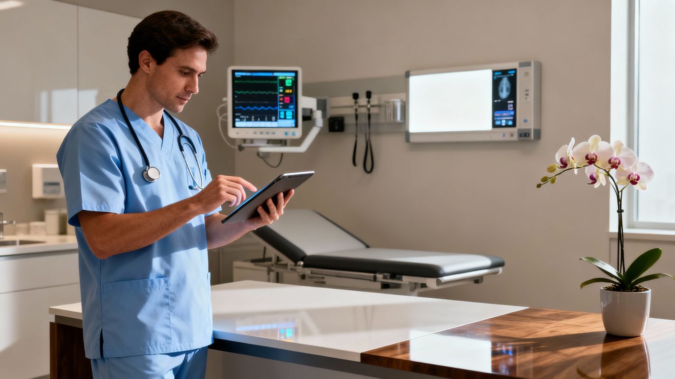 Doctor using AI medical scribe technology on a tablet.