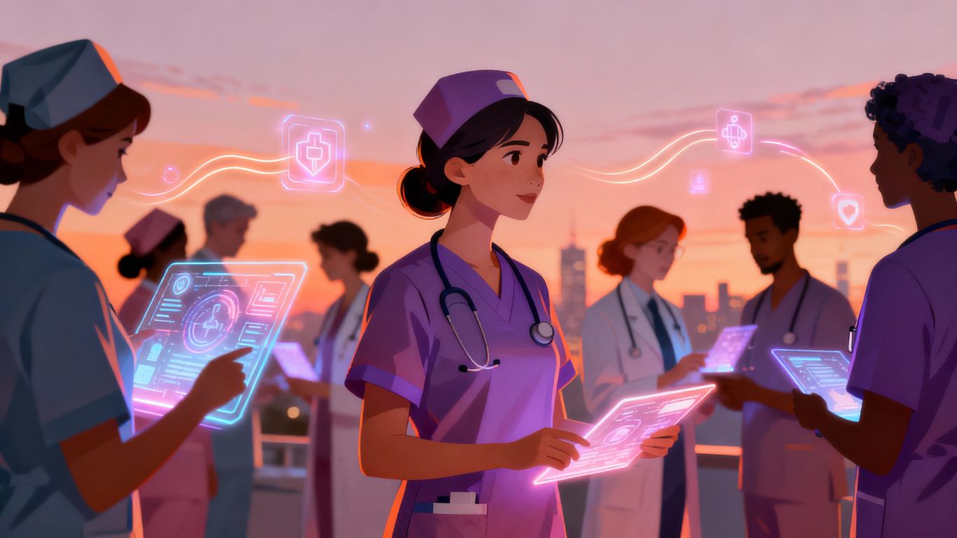 Nurses in a futuristic digital healthcare setting.