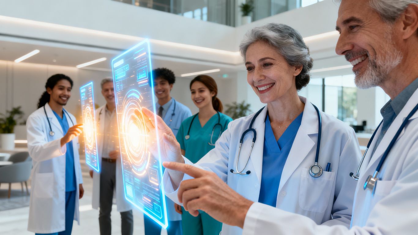 Healthcare professionals and patients using digital health interfaces.