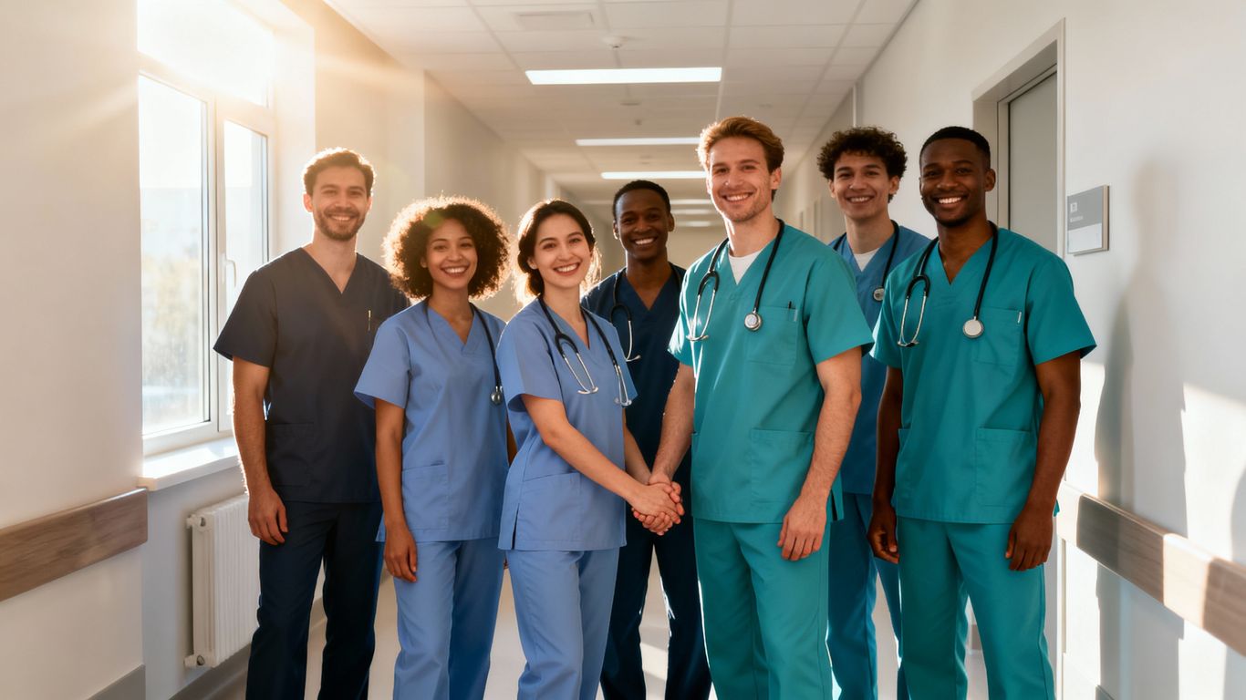 Healthcare workers smiling in a hospital corridor.