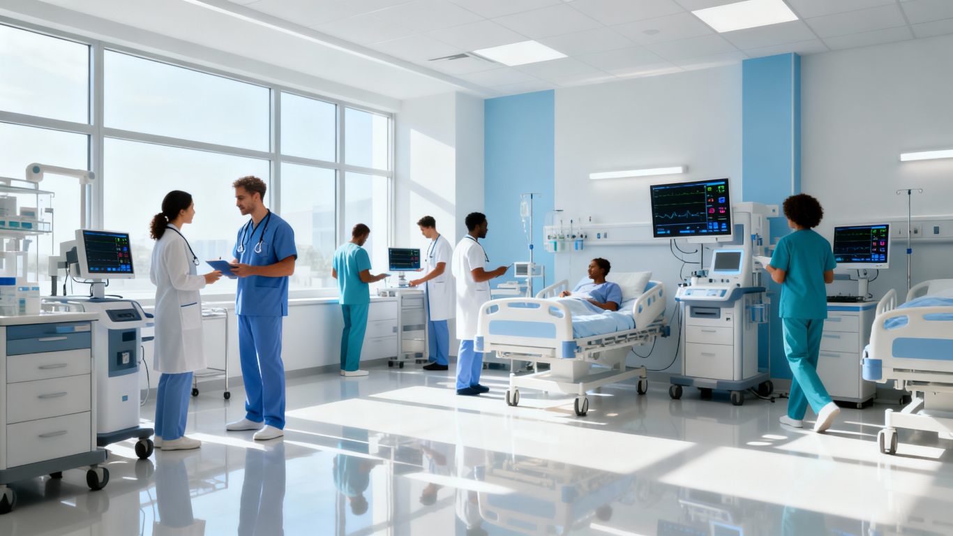 UK hospital interior with medical staff and equipment.