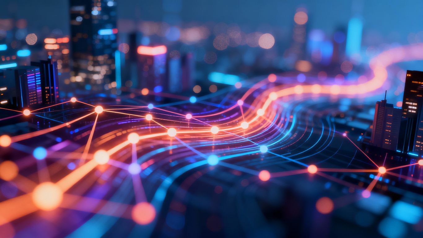 Digital health market map with glowing connections and city lights.