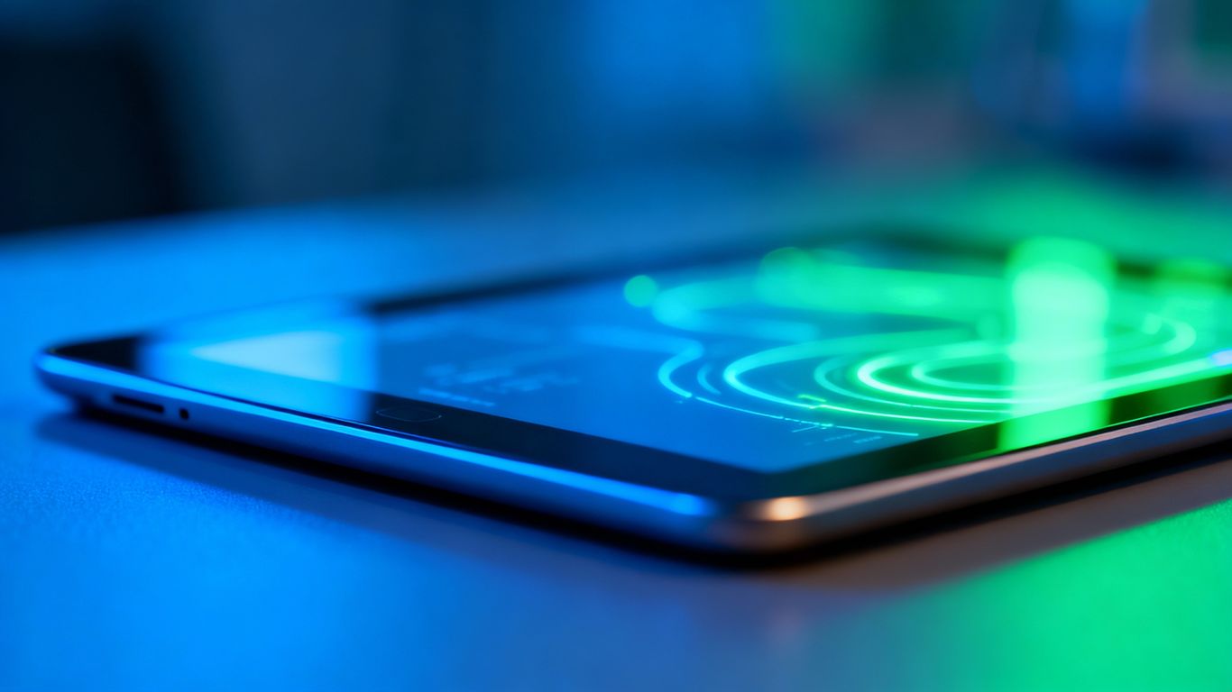 Digital tablet with glowing abstract patterns.