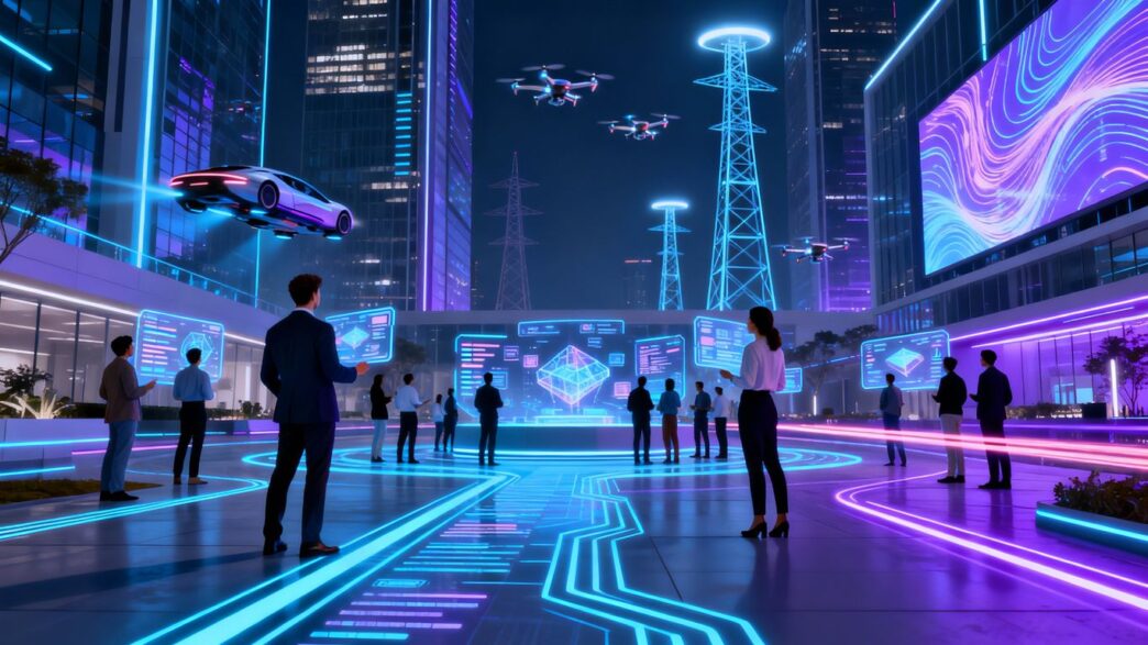 Futuristic city with digital connections and professionals.