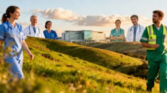 Healthcare professionals in Wales, scenic hills, NHS jobs.