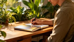 Person writing in a smart health journal.