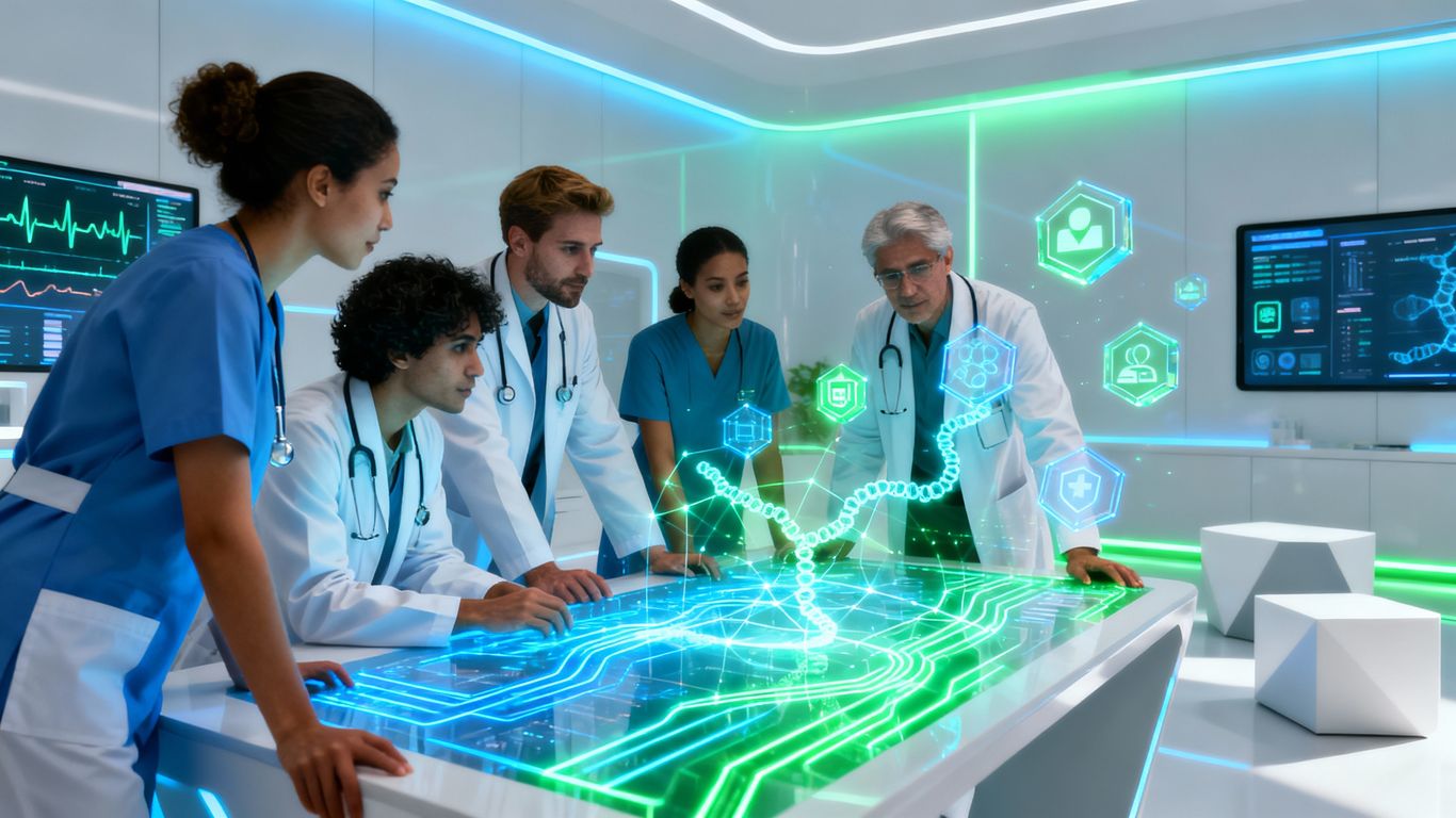 Digital health strategy with interconnected data streams.
