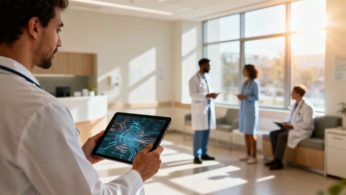 Healthcare professionals using digital technology in a modern clinic.