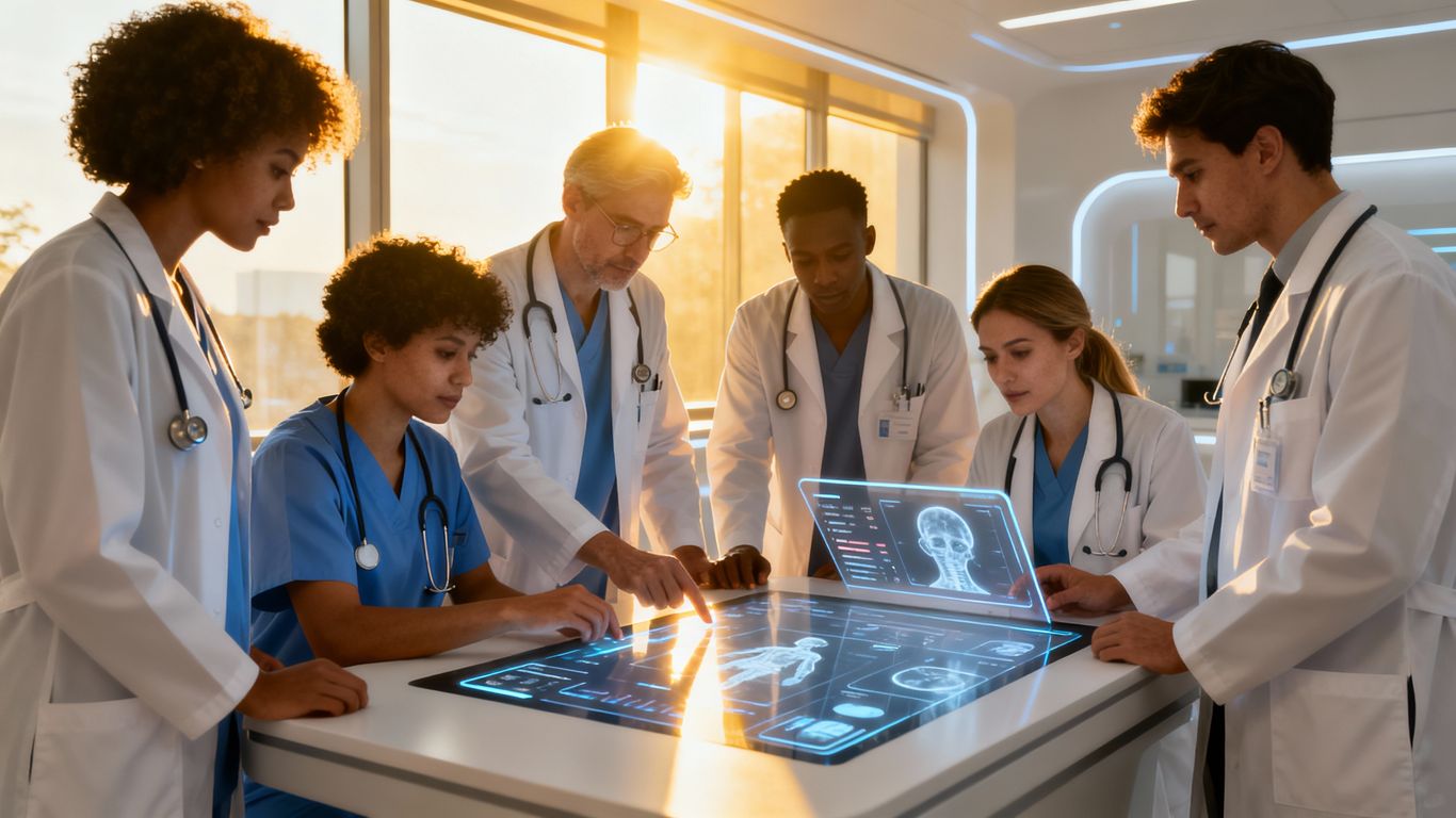 Healthcare professionals using digital technology for marketing.