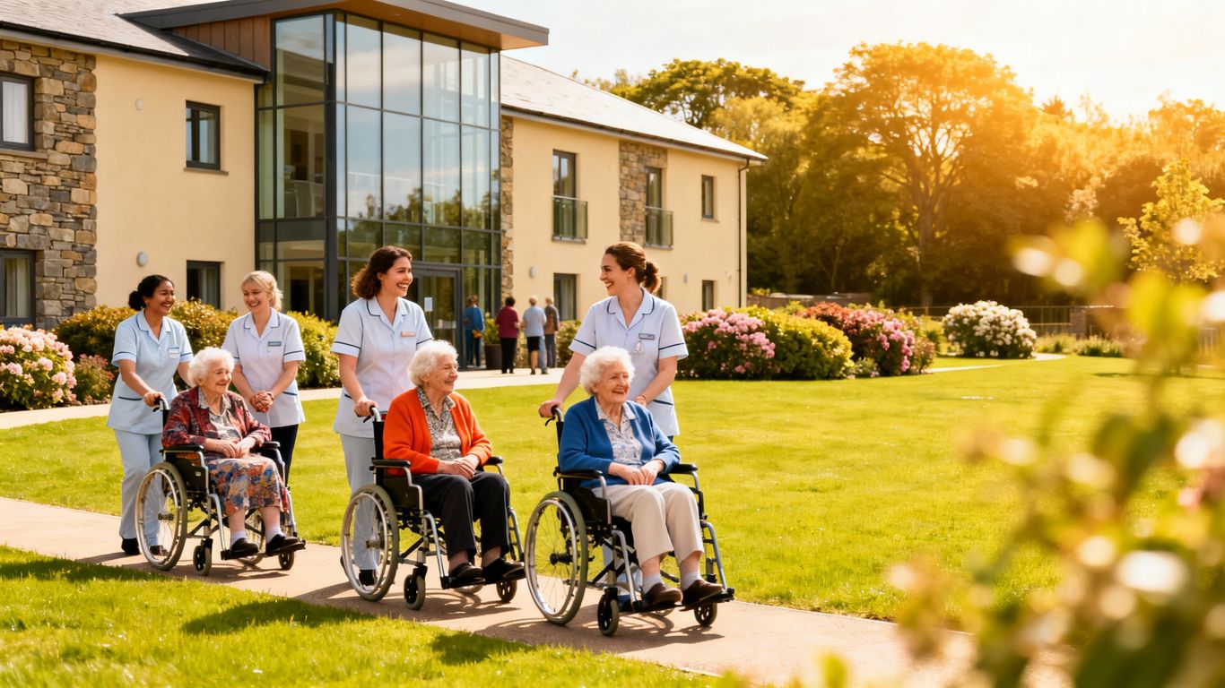Scottish care home with smiling staff and residents outdoors.