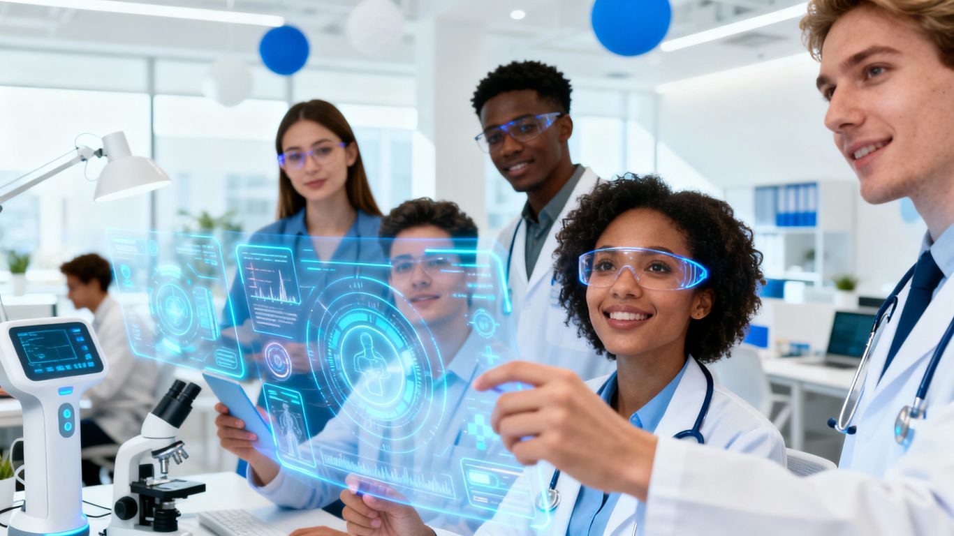 Digital health professionals collaborating with advanced technology.